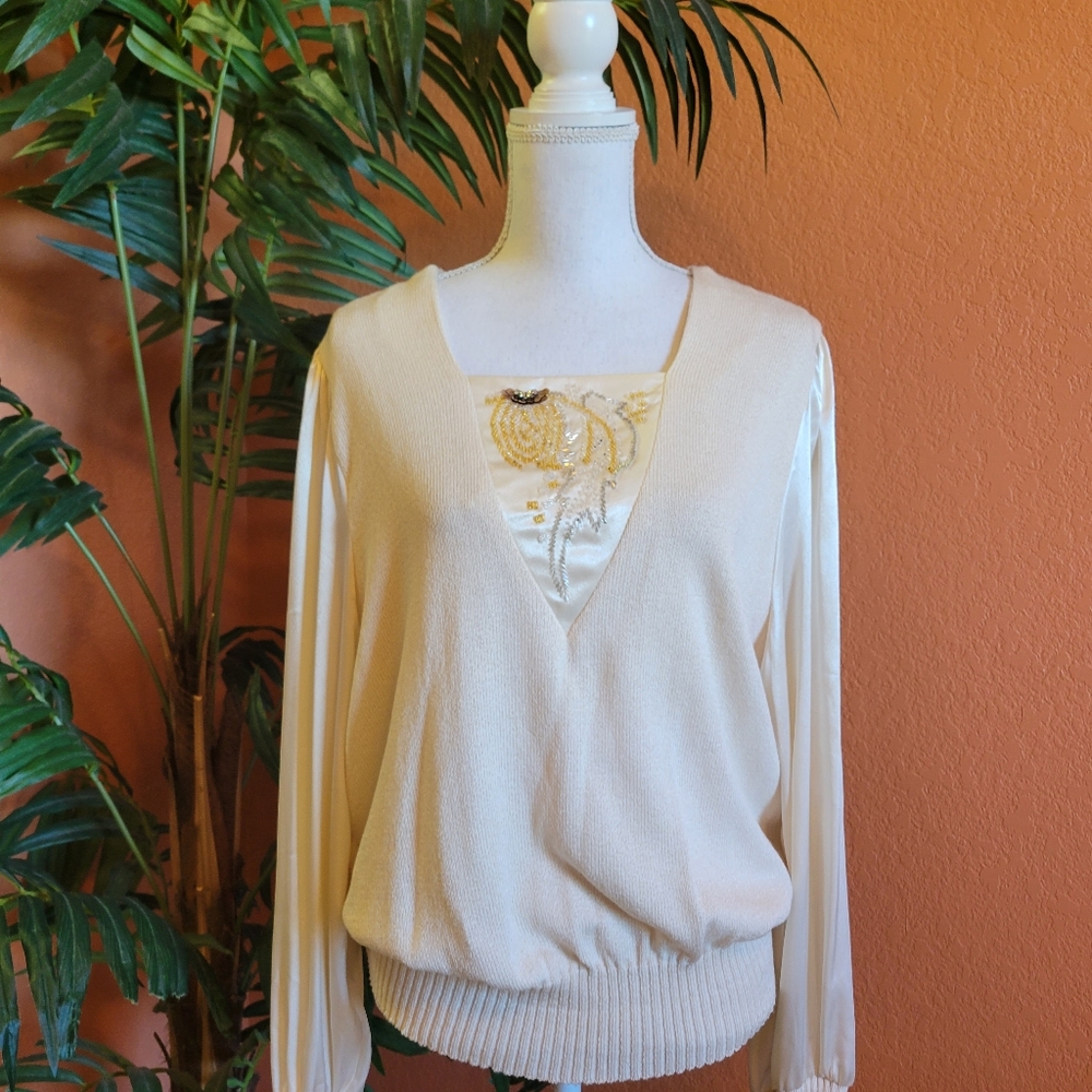 Vintage Anthony Sicari Sweater Satin Sleeves Beaded Details Cream Large